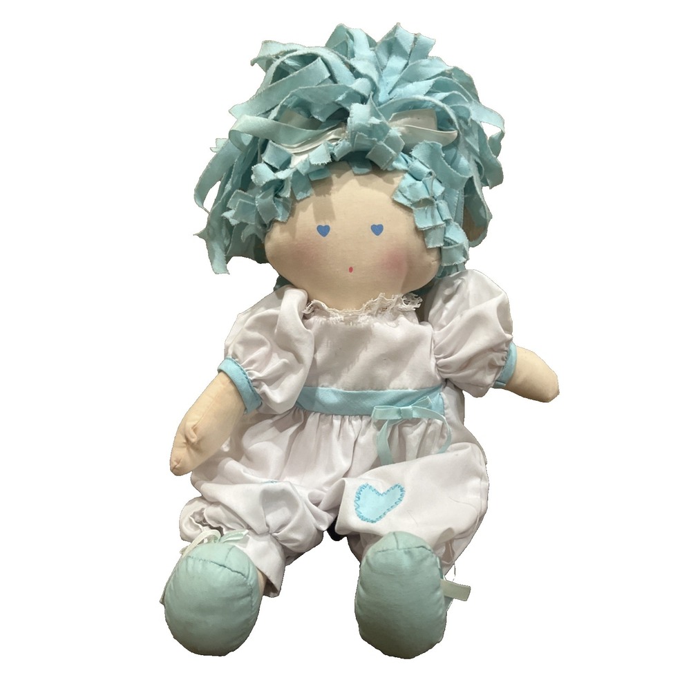 Vintage Eden Baby Rag Doll Girl Blue Cloth Hair Hearts Plush Lovey Stuffed Toy